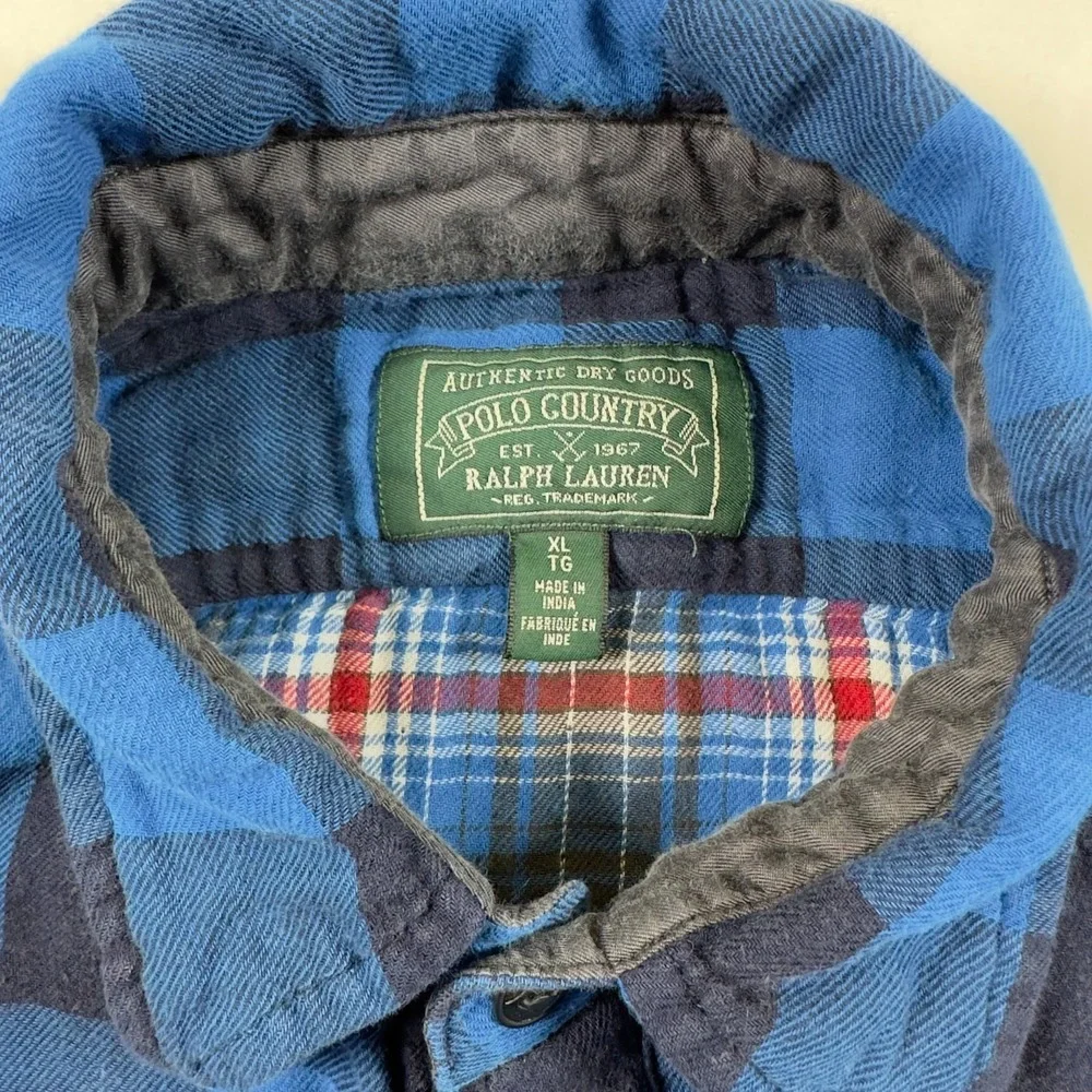 Polo Ralph Lauren Mens XL Blue Black Plaid Flannel Classic Fit Button Down Shirt